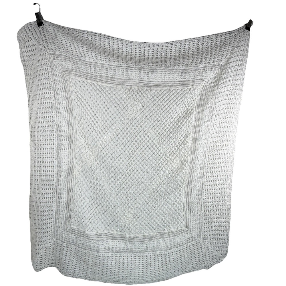Handmade Vintage Knitted Soft baby Blanket‎ White Ribbon Detail 38 X 38